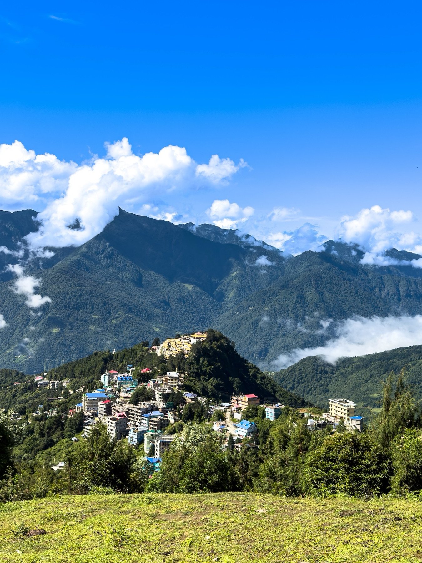 Tawang town on its ridge &mdash; the view from our side of the valley
